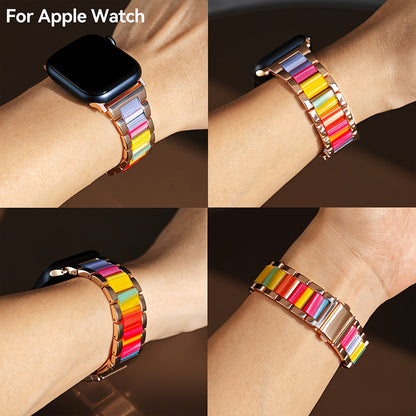 Apple Watch Band Women 42 44 45 46 49mm Stainless Steel Resin Starlight Rainbow Replacement Strap for iWatch Series 3-11 SE Ultra 1 2 3 – Work Office Fitness Party