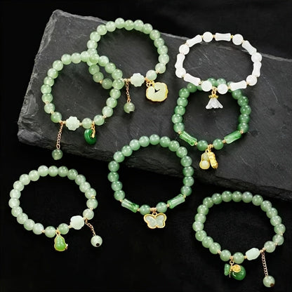 Bead Bracelet Set 7 Pieces for Women & Men – Butterfly & Lily Pendant Imitation Jade Retro Chinese Style Stackable Bracelets, Elegant Boho Wrist Jewelry Gift for Birthday Anniversary Valentine's Day