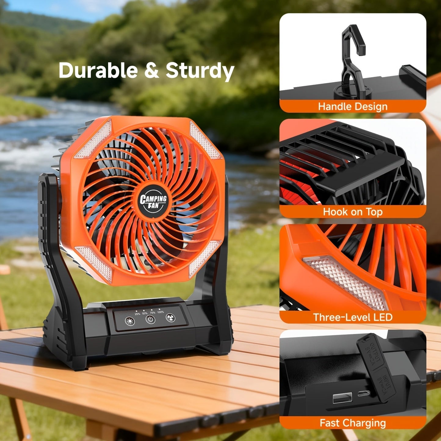 20000mAh Camping Fan with LED Light – 4 Wind Speeds, Brushless Motor, 180° Oscillation, 22-26H Battery Life, 3-in-1 Portable Outdoor Desk Fan for Camping, Hiking, Picnic & Emergency Use – 6 Colors