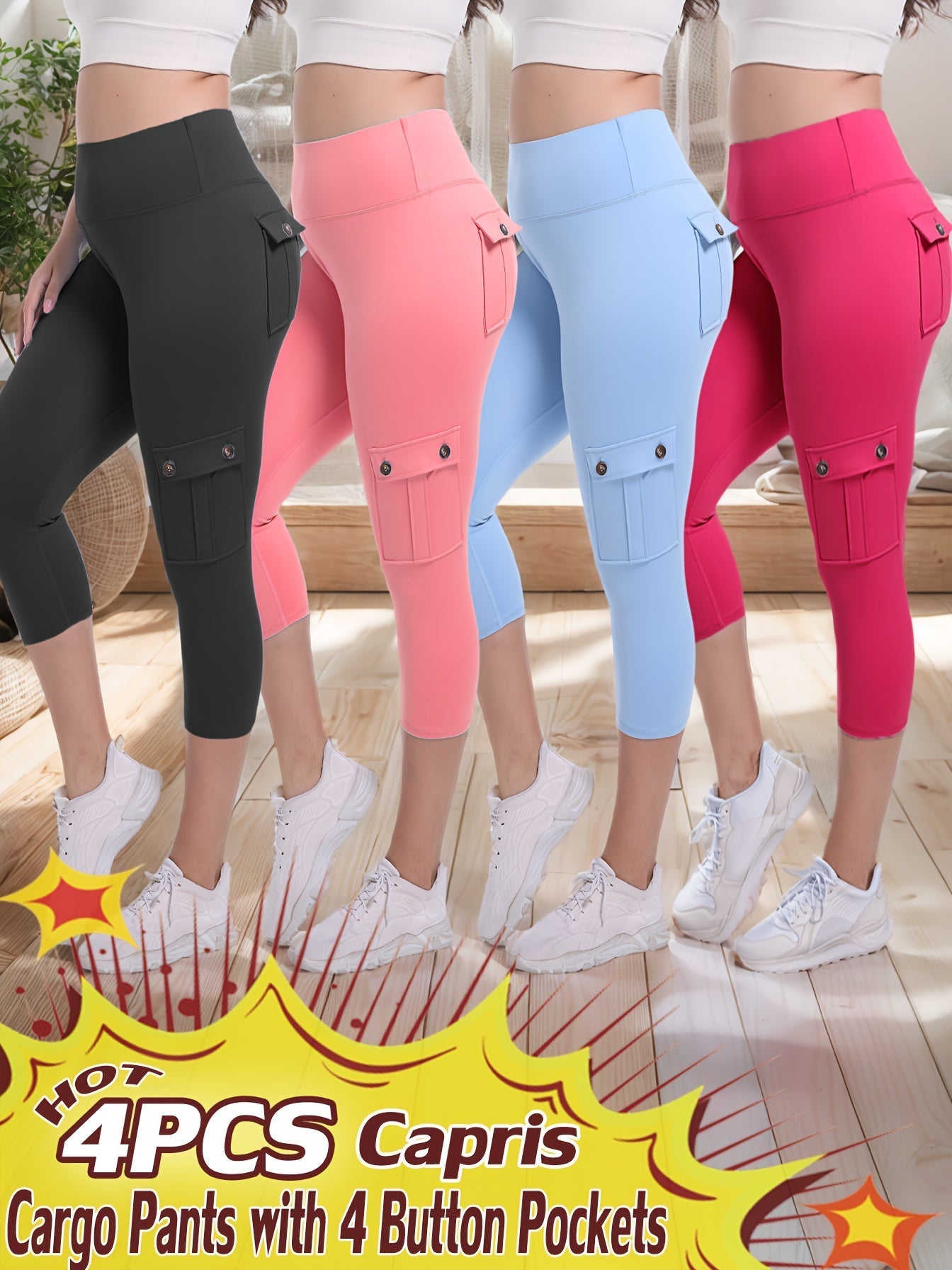 Women's High Waist Yoga Capri Pants 4-Pack 4-Way Stretch Butt Lifting Tummy Control 4 Pockets - Workout Running Sports Leggings S-XXL All Season