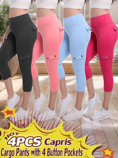 Women's High Waist Yoga Capri Pants 4-Pack 4-Way Stretch Butt Lifting Tummy Control 4 Pockets - Workout Running Sports Leggings S-XXL All Season