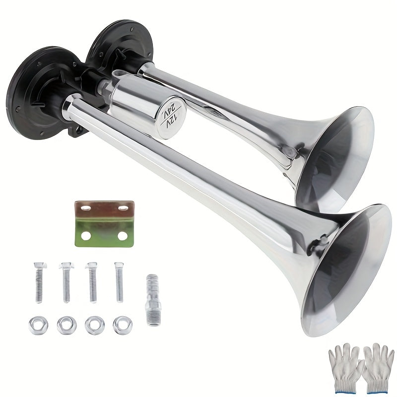 Super Loud 12V 24V Dual Air Horn Kit with Air Compressor 105-137dB Universal Truck Train Car SUV Motorcycle Boat Pickup Aluminum Alloy Electric Horn