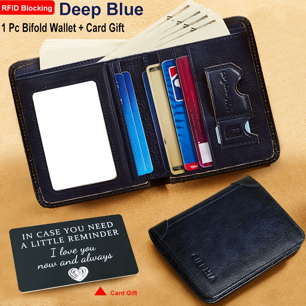 RFID Blocking Genuine Leather Wallet for Men Trifold Cowhide Vintage Credit Card Holder 2 ID Windows Money Clip Cash Slots Father's Day Gift for Dad Husband