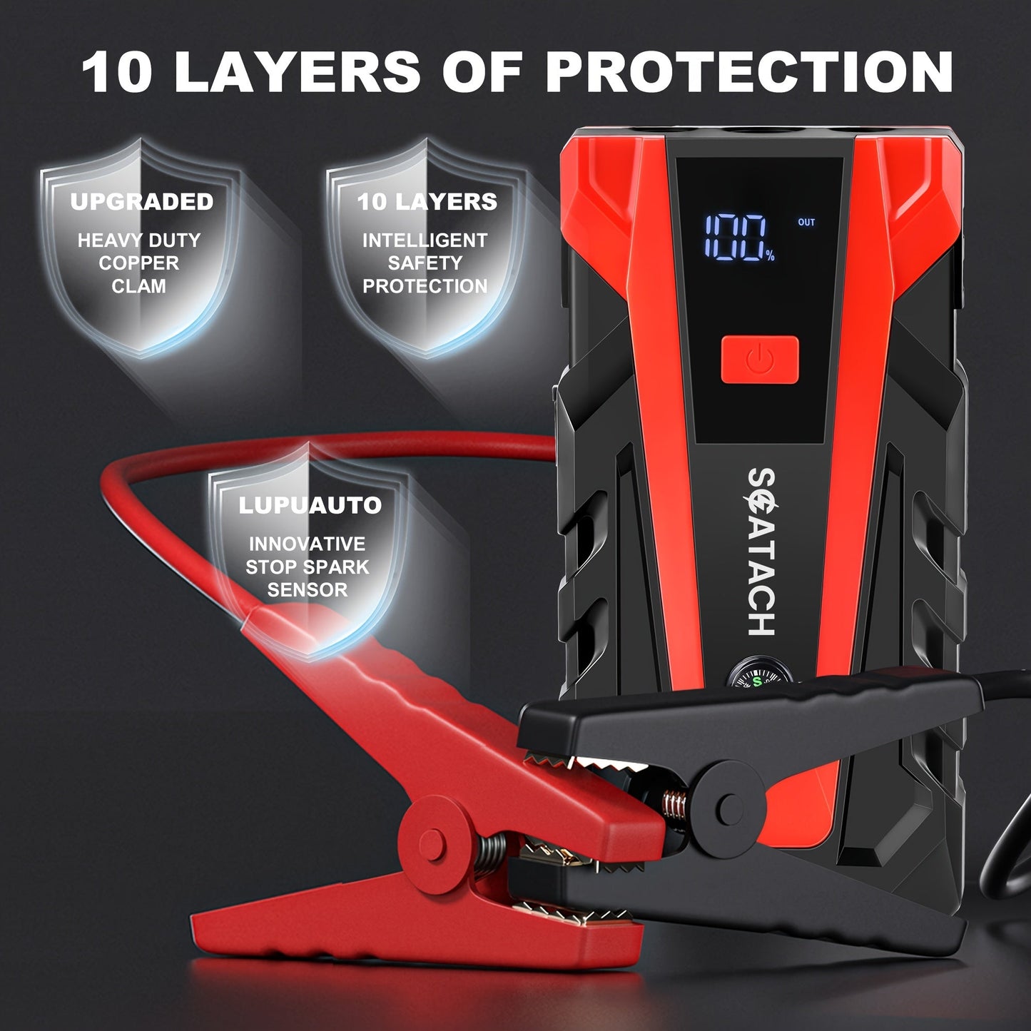 Car Jump Starter with Air Pump & Digital Tire Pressure Gauge – 12V Portable Emergency Starter for Cars, Trucks, SUV, RV & Motorcycles, LED Display, SOS Light & Window Breaker