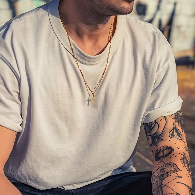 Men's Cross Pendant Necklace 18K Gold Plated Cuban Chain 304 Stainless Steel Minimalist Casual Jewelry Gift for Him Steel Gold