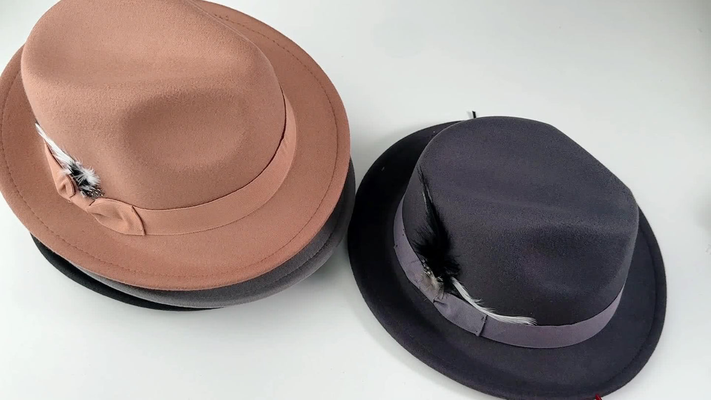Short Brim Felt Fedora Hat for Men & Women – Classic Feather Panama Dress Hat in 7 Colors, Black Brown Navy Red Gray Coffee, Unisex Jazz Cap for Formal Casual Daily Wear