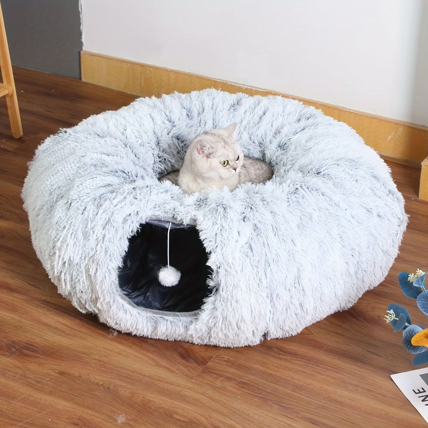 Cat Tunnel with Bed & Donut Peep Hole – Soft Plush Indoor Cat Toy, Multi-functional Hideout & Amusement Park for Cats, Kittens & Rabbits, Includes Pet Scarf, Small Medium Large