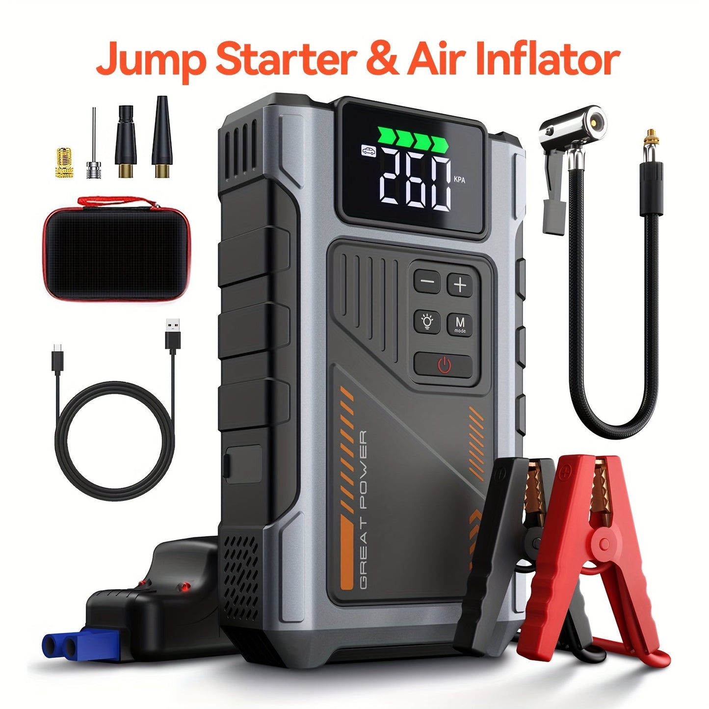 8000A Portable Jump Starter with Air Compressor – 12V Battery Booster for 8.0L Gas & 6.5L Diesel, USB Ports, LED Flashlight, Jump Box for Cars, Trucks & SUVs