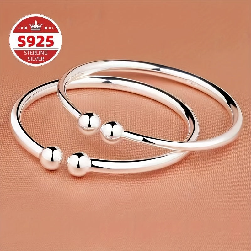 S925 Sterling Silver Pearlescent Open Bangle Bracelet Set 2pcs for Women – Hypoallergenic Adjustable Cuff Bracelet Elegant Jewelry Gift for Valentine's Day Mother's Day Birthday