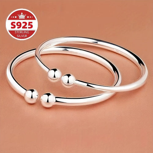 S925 Sterling Silver Pearlescent Open Bangle Bracelet Set 2pcs for Women – Hypoallergenic Adjustable Cuff Bracelet Elegant Jewelry Gift for Valentine's Day Mother's Day Birthday