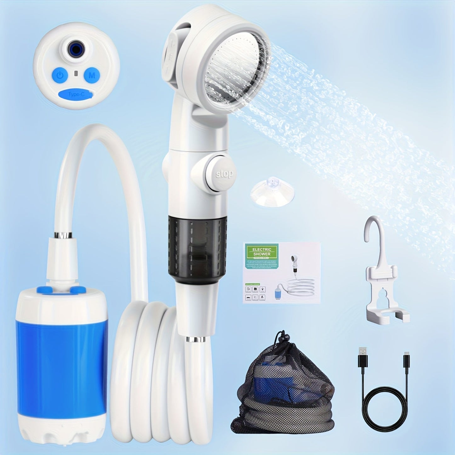 Portable Rechargeable Electric Camping Shower Pump Outdoor Shower for Hiking Climbing Beach Camping Car Motorcycle Wash Pet Bathing Garden Crop Watering Compact Travel Pump