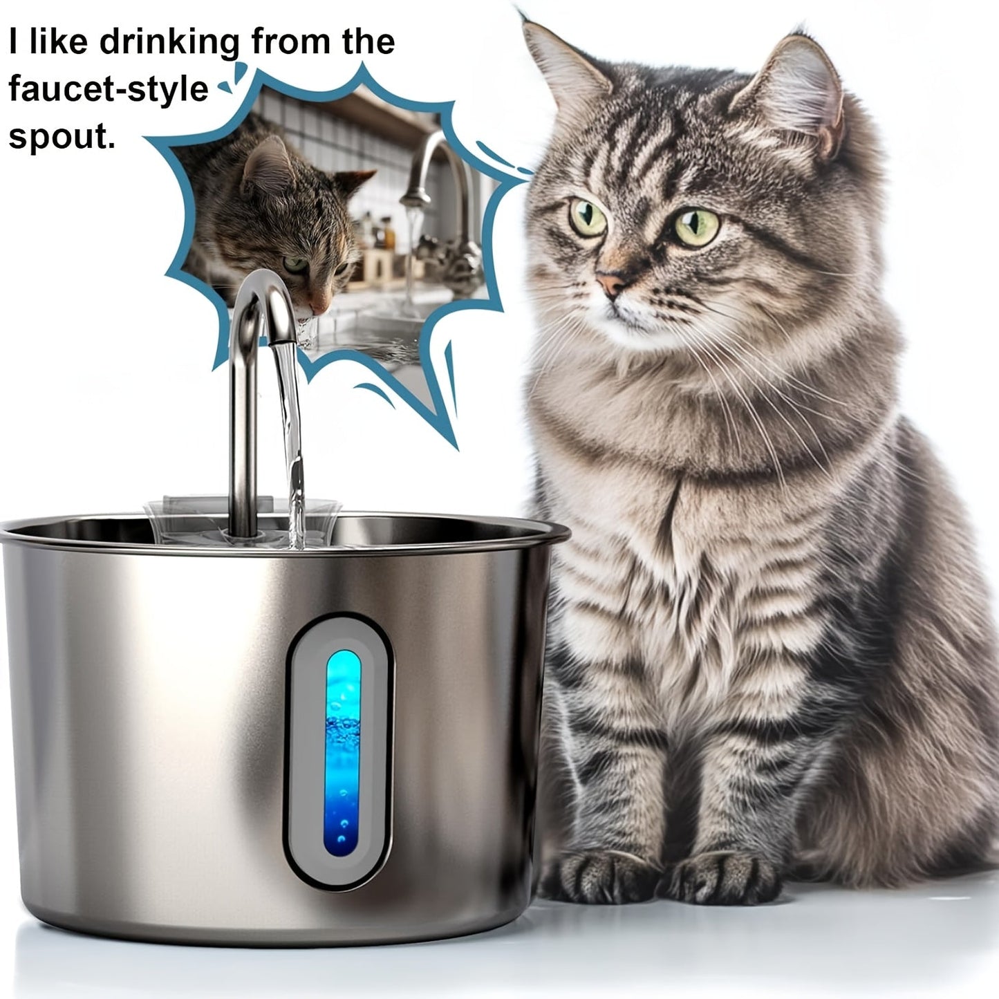Cat Water Fountain 74oz Stainless Steel - Ultra Quiet USB Pump, Faucet Flow, 3-Stage Filter & Visual Water Level Window, Automatic Pet Water Fountain for Cats & Small Dogs Indoor