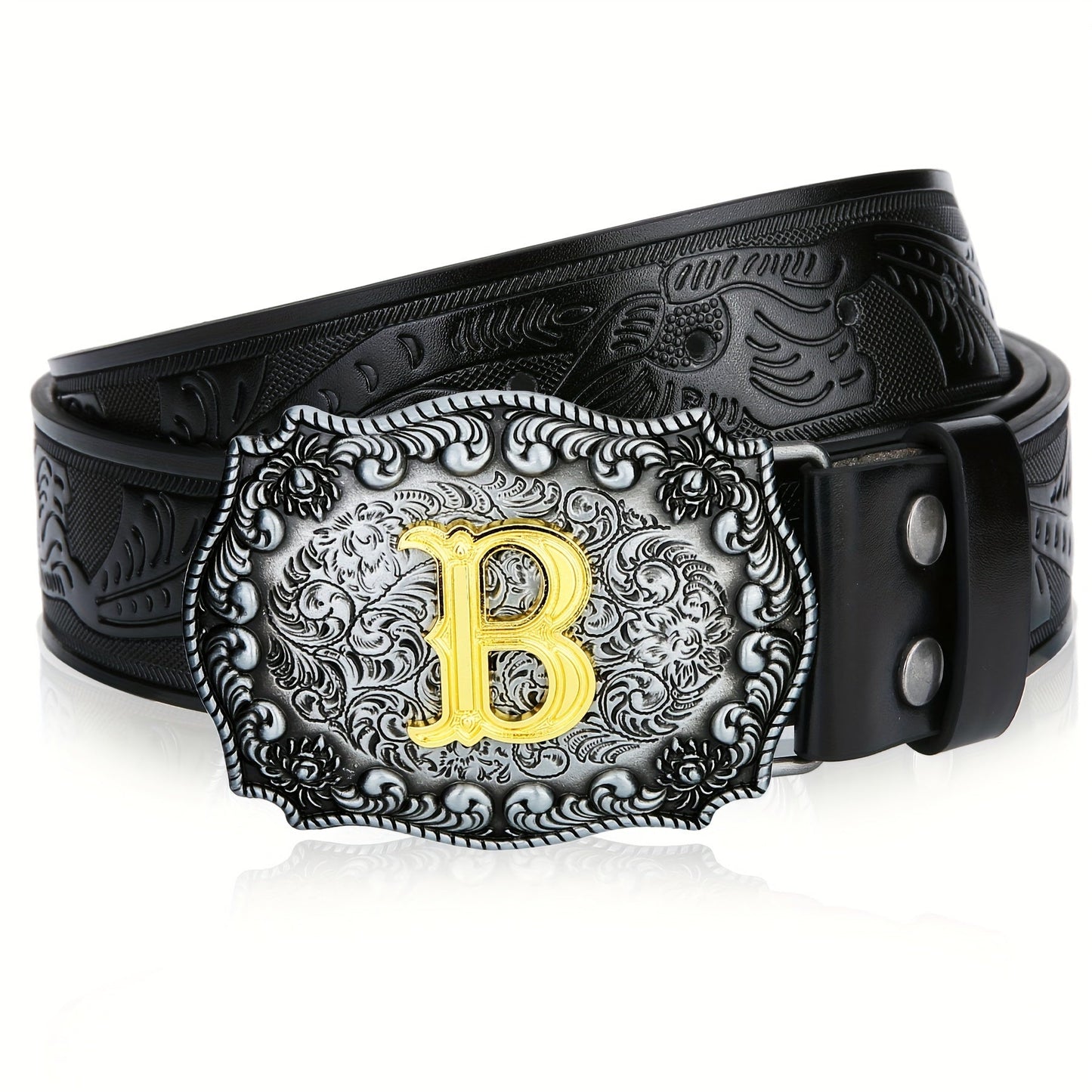 Western Cowboy Belt for Men & Women Embossed Floral Faux Leather – Longhorn Bull Pattern Big Buckle Zinc Alloy, Sizes 34-44, Stylish Durable Country Western Dress Belt Gift for Christmas Father's Day