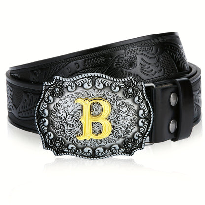 Western Cowboy Belt for Men & Women Embossed Floral Faux Leather – Longhorn Bull Pattern Big Buckle Zinc Alloy, Sizes 34-44, Stylish Durable Country Western Dress Belt Gift for Christmas Father's Day