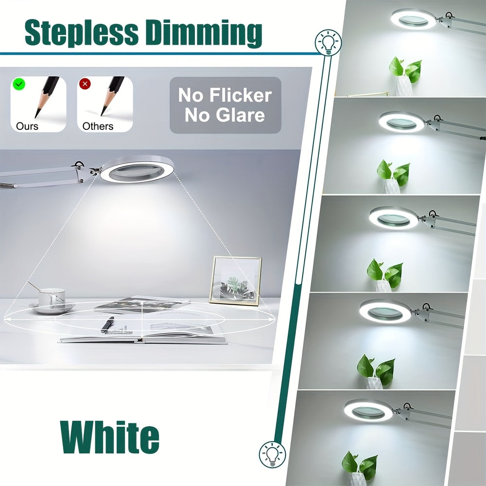 15X LED Magnifying Glass Lamp with Adjustable Arm & Clamp – Dimmable 3-Color USB Desk Magnifier for Reading, Crafts, Nail Art, Sewing & Precision Work (Black/White)
