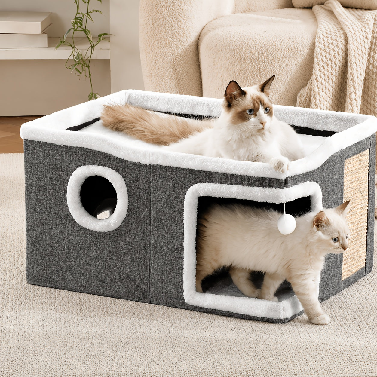 Luxury Multi-Level Cat House Indoor Outdoor 2-Layer Bed Toy Tunnel Foldable Sofa Cat Scratching Board Climbing Rope Soft Cushion Cat Play Cube Weatherproof Nylon Frame Cat Arch Stairs