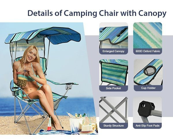 Folding Camping Chair with Tilting Canopy Sunshade – 225LBS Capacity, 22.8" Wide Seat, Mesh Cup Holder & Carry Bag, Portable Beach Lawn Chair for Camping, Hiking & Outdoor Events – 9 Color Options