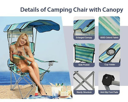 Folding Camping Chair with Tilting Canopy Sunshade – 225LBS Capacity, 22.8" Wide Seat, Mesh Cup Holder & Carry Bag, Portable Beach Lawn Chair for Camping, Hiking & Outdoor Events – 9 Color Options