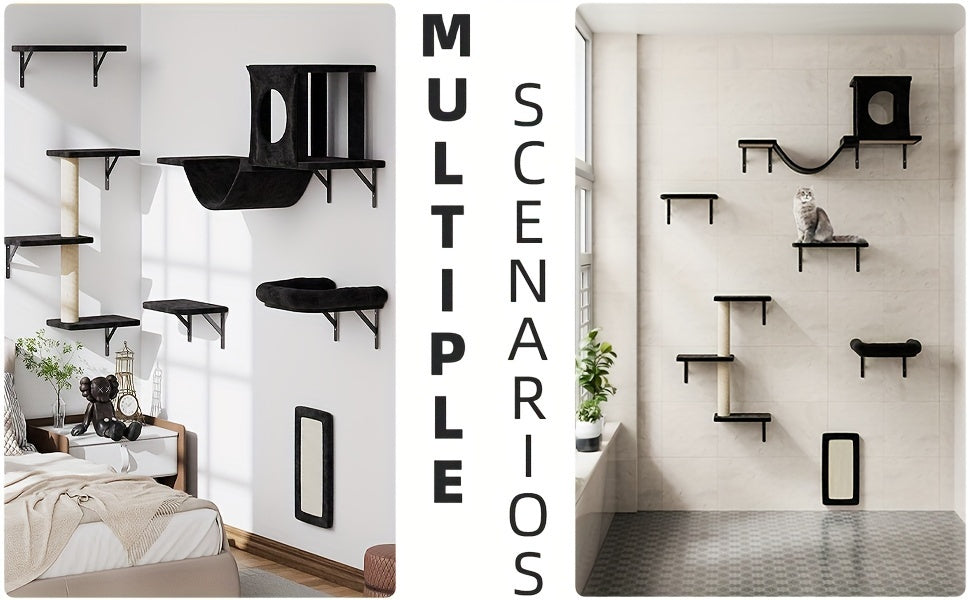Wall Mounted Cat Climbing Shelf Set 7-Piece – Deluxe Indoor Cat Furniture with Condo, Shelves, Scratching Post, Bridge Ladder & Tunnel for All Cat Sizes