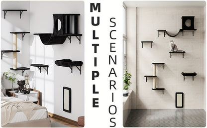 Wall Mounted Cat Climbing Shelf Set 7-Piece – Deluxe Indoor Cat Furniture with Condo, Shelves, Scratching Post, Bridge Ladder & Tunnel for All Cat Sizes