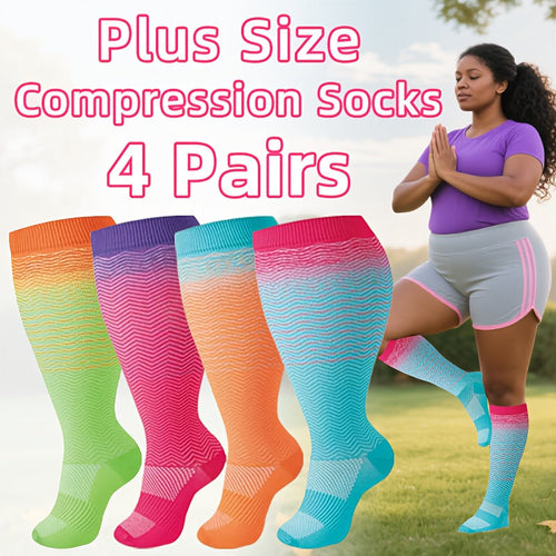 4 Pairs Women's Compression Socks Extra Wide Extra Long, Flower Pattern 80% Polyamide Stretchy Knit Socks for Pregnant Women Nurses Running Cycling Yoga Hiking Travel – All-Season