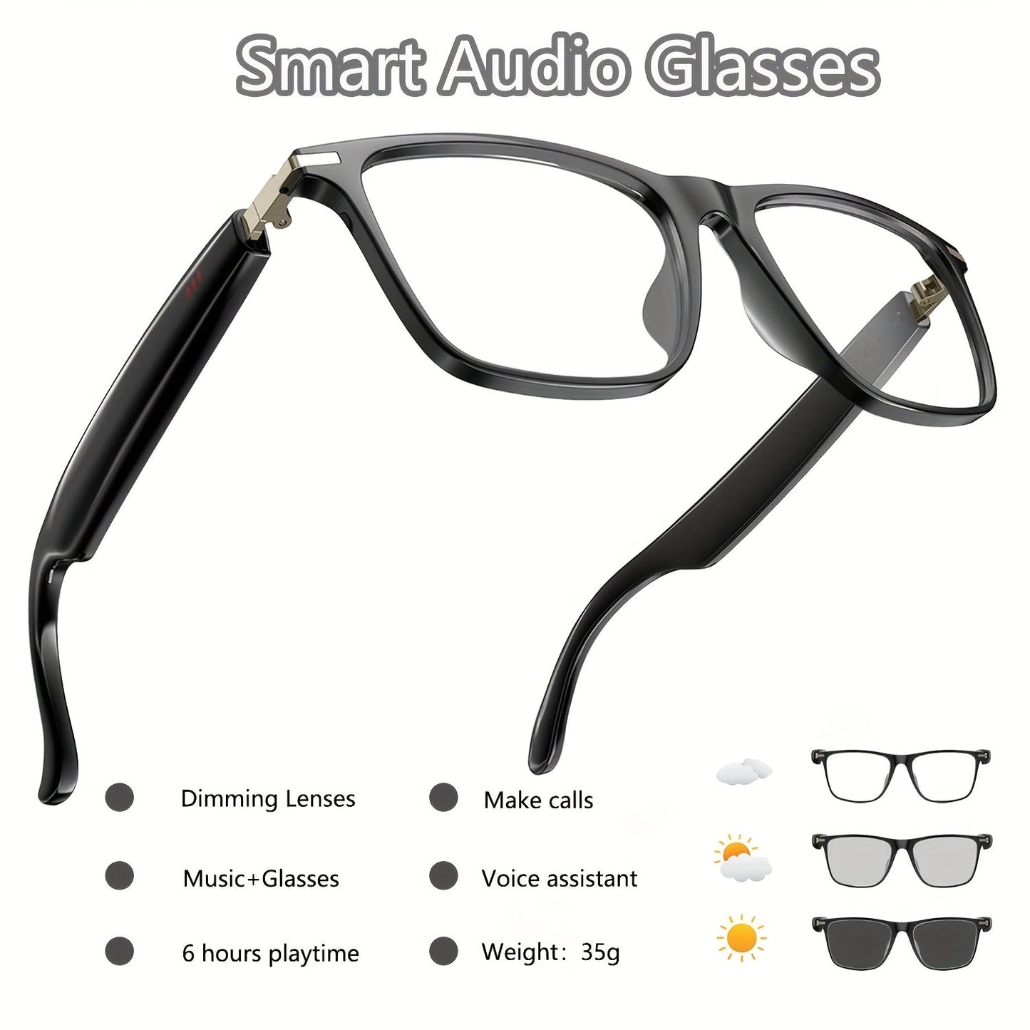 Photochromic Smart Glasses with Bluetooth Audio – Auto Color Changing Lenses, Anti Blue Light, Wireless Music & Calls, Sports Driving Unisex Eyewear, Great Holiday Gift