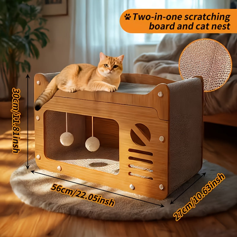 Cardboard Cat Scratching House – Durable Hideout & Bed with Feather Wand Toy, Ventilated Indoor Cat Scratcher, Available in 17.7" & 22" Sizes