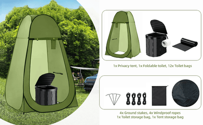 Portable Camping Toilet & Privacy Tent – Pop Up Potty Tent for Adults with 12 Toilet Bags, Ground Stakes, Windproof Ropes & Moisture Mat, Foldable Outdoor Toilet for Camping Travel Hiking
