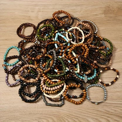 36-Pack Assorted Boho Wooden Beaded Bracelets for Women & Men – Handmade Vintage Style with Zinc Alloy Charms, Bulk Jewelry Set for Gifts & Party Favors