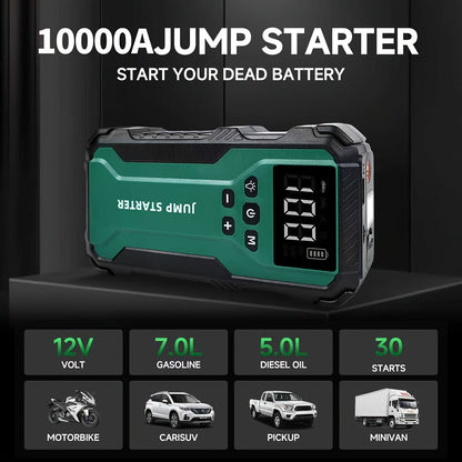 10000A Car Jump Starter 7-in-1 with 150PSI Air Compressor, Digital Tire Inflator, LED Emergency Light & USB Power Bank – Portable Battery Booster for Gas & Diesel Vehicles – Velora