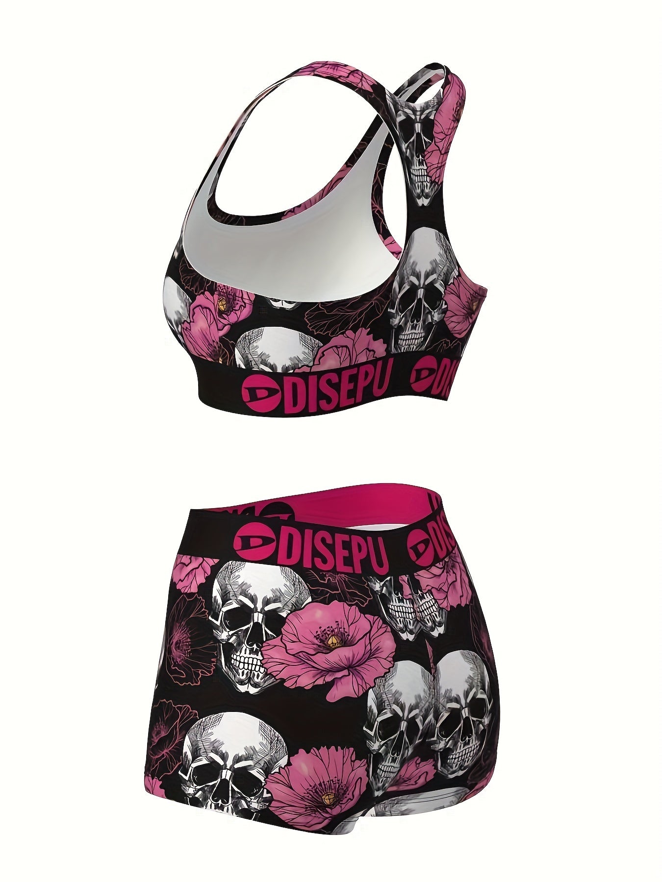 Women's Skull Pink Flower Print Sports Bra and Shorts Set - 2 Piece Gothic Floral High Stretch Activewear for Gym Yoga Running Halloween Workout, Breathable Athletic Outfit Sizes S-XXL