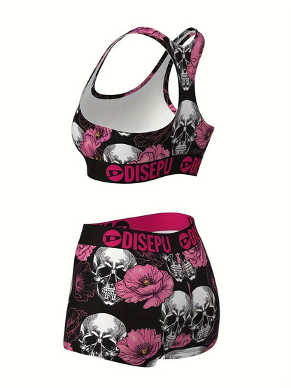 Women's Skull Pink Flower Print Sports Bra and Shorts Set - 2 Piece Gothic Floral High Stretch Activewear for Gym Yoga Running Halloween Workout, Breathable Athletic Outfit Sizes S-XXL