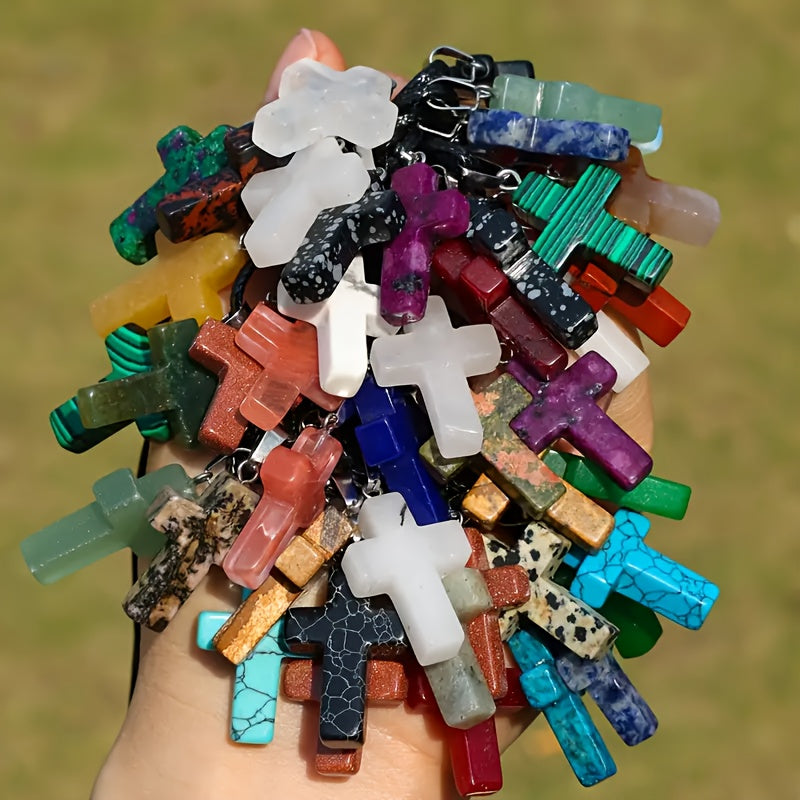 50-Piece Natural Stone Cross Pendant DIY Jewelry Making Set – 25 Mixed Gemstone Cross Pendants & 25 Adjustable Black Faux Leather Necklaces, Bulk Craft Supplies for Necklaces, Bracelets & Earrings