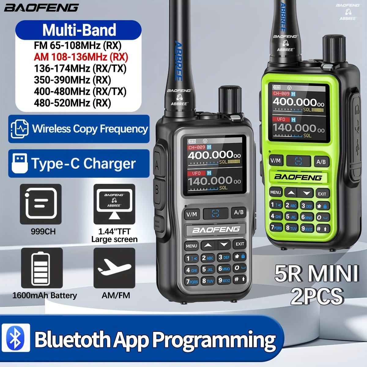 Baofeng UV-5RMini Ham Radio 2-Pack – Long Range Two-Way Radio, USB-C Rechargeable, 999CH, NOAA Weather Alert, Dual PTT, App Programming for Hunting, Camping, Fishing, Skiing & Survival