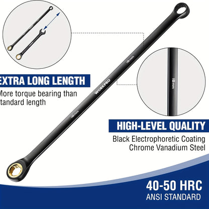 WORKPRO 10pc Extra Long Ratcheting Wrench Set – Anti-Slip Double Box Wrenches Metric 8-19mm, 72-Teeth Cr-V Steel, Black Electrophoretic Coating, Rolling Pouch Included, Professional Hand Tool Kit