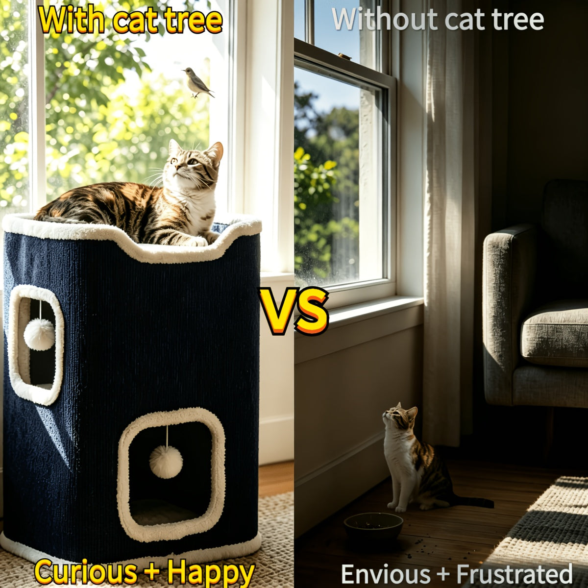 Multi-Level Foldable Cat Tree Tower for Indoor Cats – Scratching Post, Cozy Perch, Cat Condo with Hanging Toy Ball, Cat Hideaway, Soft Bed, 1/3/4 Tier Options
