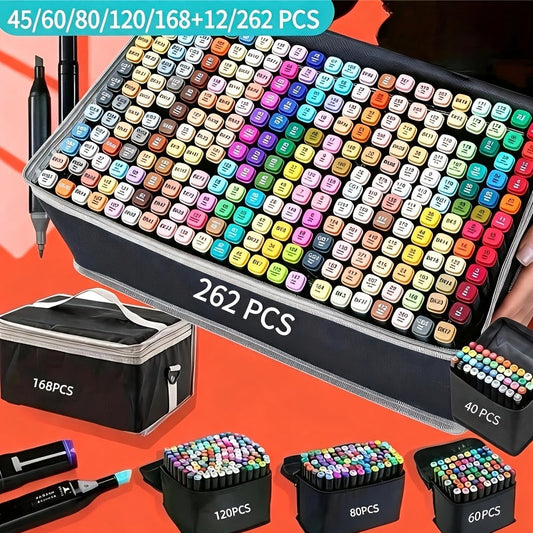 Dual Tip Art Markers Set 45 to 262 Colors with Stand Option – Artist Alcohol Markers for Adult Coloring Drawing Sketching Illustration Manga and Painting Supplies