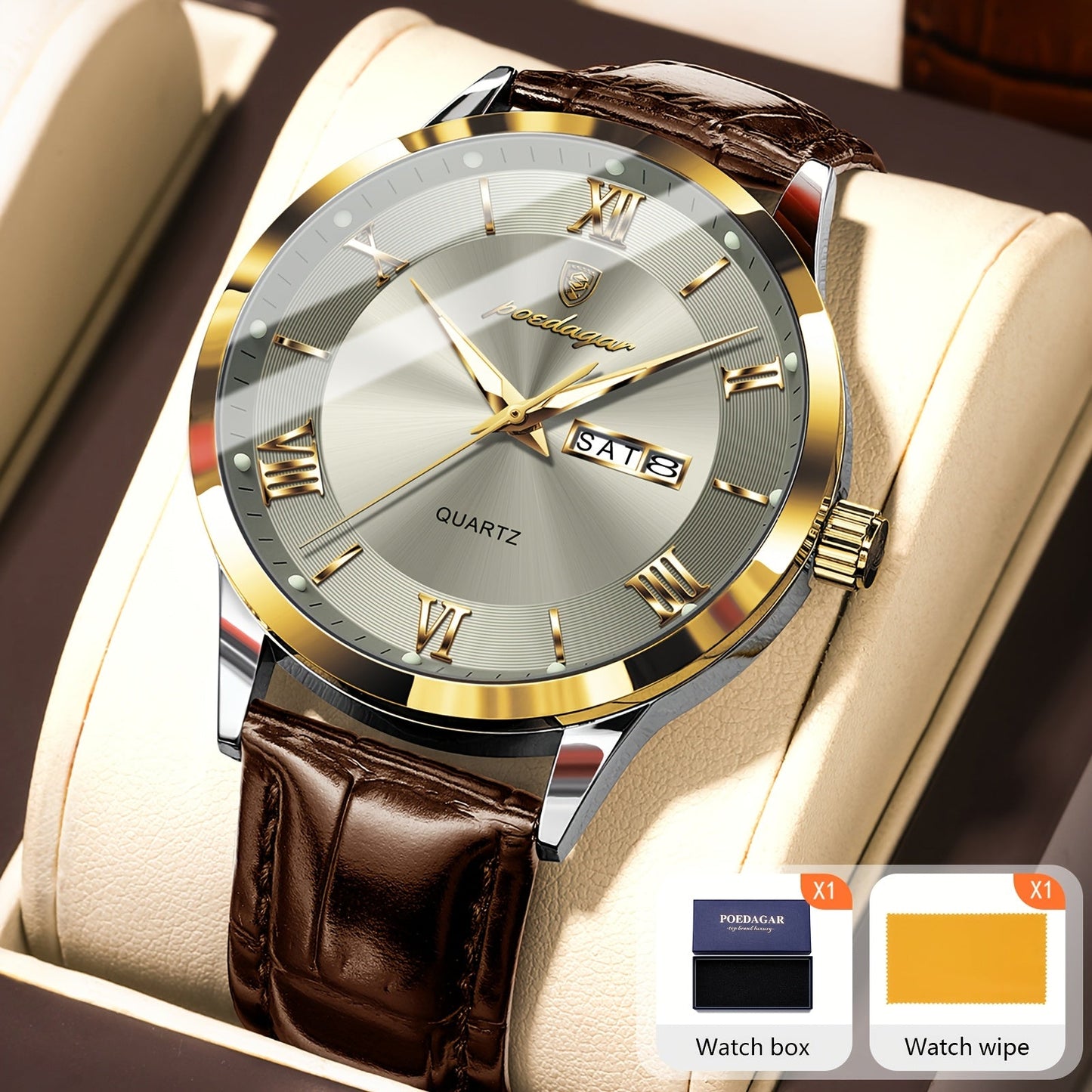 POEDAGAR Men's Quartz Watch Waterproof Luminous Dial Calendar Week Display – Casual Sports Analog Wristwatch Alloy Case 11 Colors Silver Gold Black Blue Gift for Men