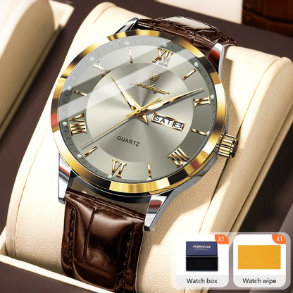 POEDAGAR Men's Quartz Watch Waterproof Luminous Dial Calendar Week Display – Casual Sports Analog Wristwatch Alloy Case 11 Colors Silver Gold Black Blue Gift for Men