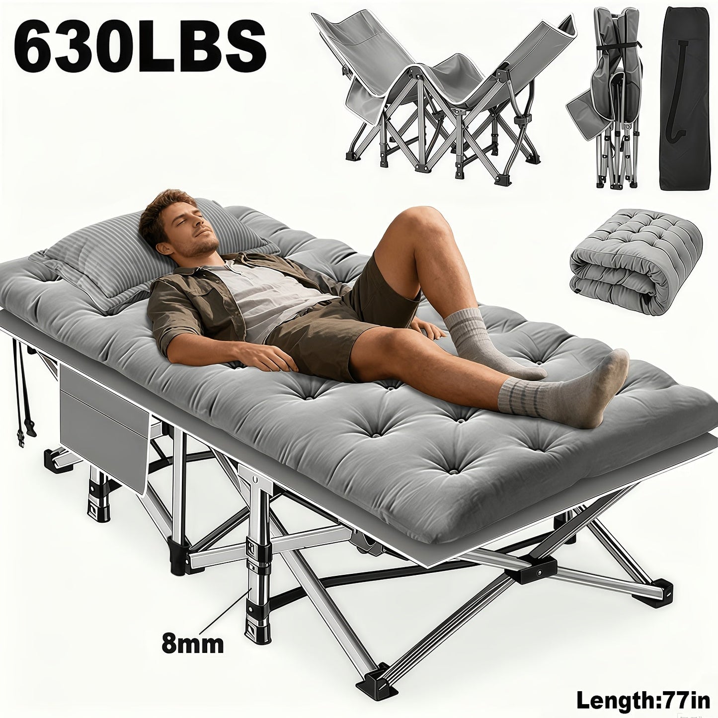 Heavy Duty Folding Bed with Optional Mattress up to 630 LBS – Portable Camping Cot with Multi-Leg Support, Side Pockets & Pillow, 59–77 Inch All Season Guest Napping Bed Space Saving