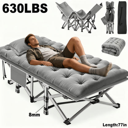 Heavy Duty Folding Bed with Optional Mattress up to 630 LBS – Portable Camping Cot with Multi-Leg Support, Side Pockets & Pillow, 59–77 Inch All Season Guest Napping Bed Space Saving