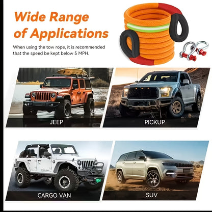 Heavy Duty Tow Rope & Hook Combo Set – 196.85" Nylon Recovery Rope 5/18/20 Ton with 2 Steel U-Hooks & Storage Bag, Off-Road Vehicle Recovery for Truck SUV UTV ATV Jeep, 3 Size Options