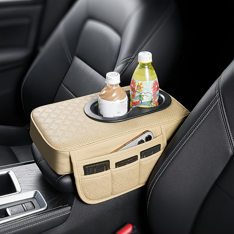 PU Leather Car Center Console Mat & Armrest Box Cover | Universal Fit, 2 Side Pockets, 2 Cup Holders, Phone & Card Storage, Tissue Box Replacement – Black, Grey, Red, Beige, Brown, Cream