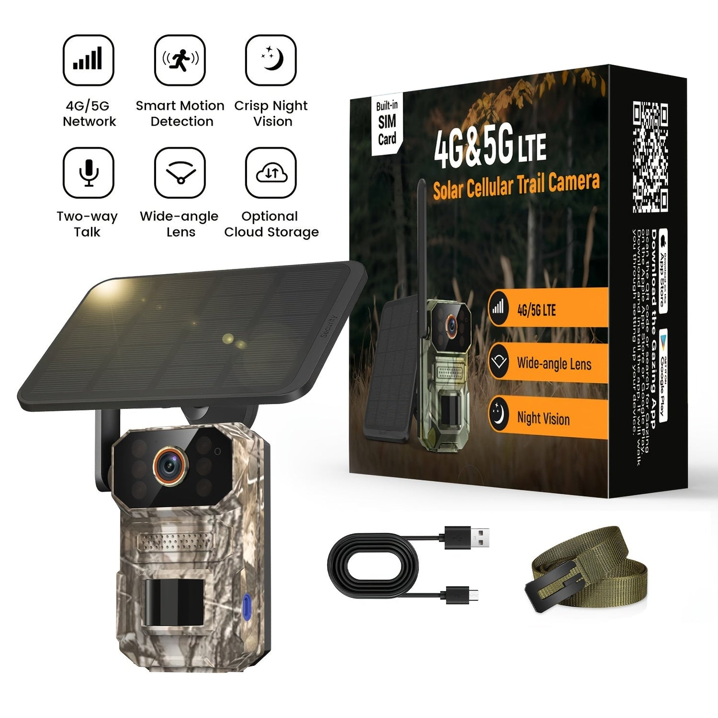 4G LTE Solar Trail Camera 1920P HD – Cellular Wildlife Camera with PIR Motion Sensor, Infrared Night Vision, Two-Way Voice, Remote Access, No WiFi Required, IP65 Waterproof, Solar Powered