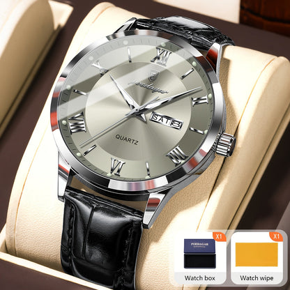 POEDAGAR Men's Quartz Watch Waterproof Luminous Dial Calendar Week Display – Casual Sports Analog Wristwatch Alloy Case 11 Colors Silver Gold Black Blue Gift for Men