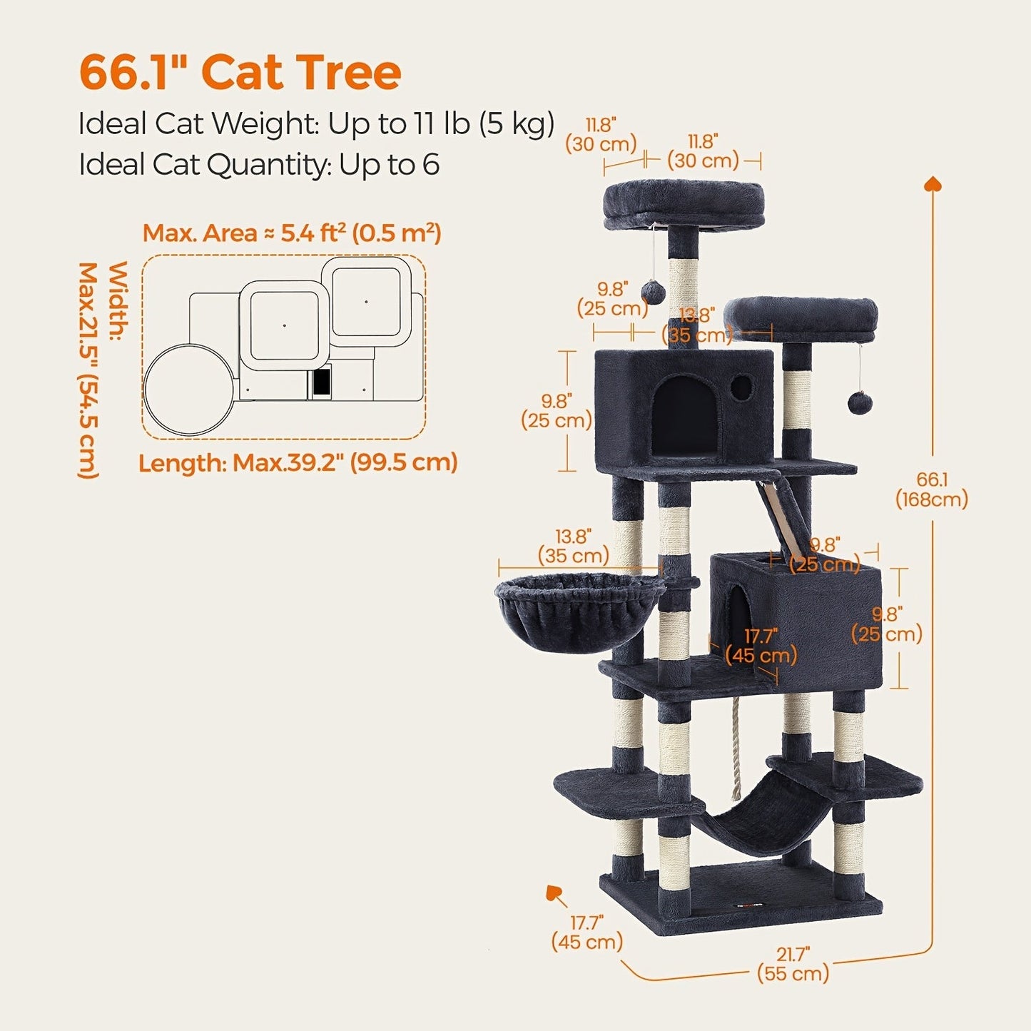 Multi-Level Cat Tree Tower 44-66 Inch with Hammock Sisal Scratching Posts Cozy Cave Perches Anti-Tilt Stable Cat Condo for Multi-Cat Families Kittens & Cats Gift