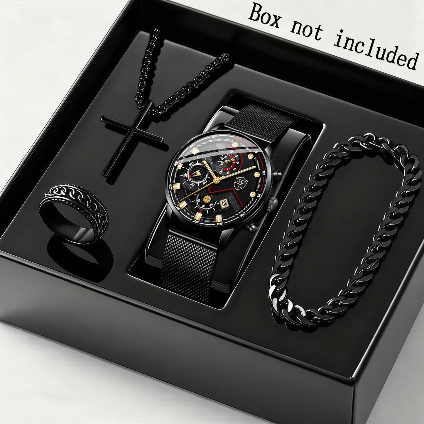 4pcs Men's Stainless Steel Watch & Jewelry Gift Set – Quartz Analog Date Watch with Cross Necklace & Bracelet, Coordinated Metallic Look for Business Casual, Valentine's Day, Mardi Gras & Special Events