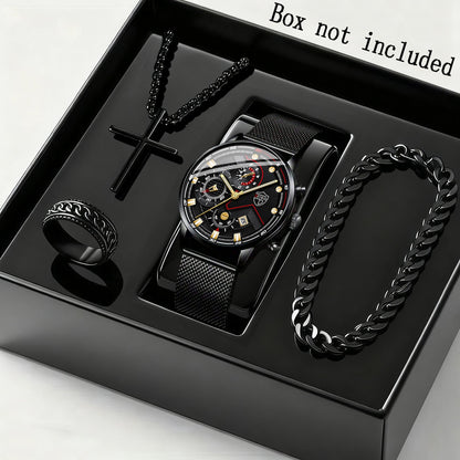 4pcs Men's Stainless Steel Watch & Jewelry Gift Set – Quartz Analog Date Watch with Cross Necklace & Bracelet, Coordinated Metallic Look for Business Casual, Valentine's Day, Mardi Gras & Special Events