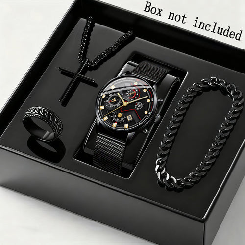 4pcs Men's Stainless Steel Watch & Jewelry Gift Set – Quartz Analog Date Watch with Cross Necklace & Bracelet, Coordinated Metallic Look for Business Casual, Valentine's Day, Mardi Gras & Special Events