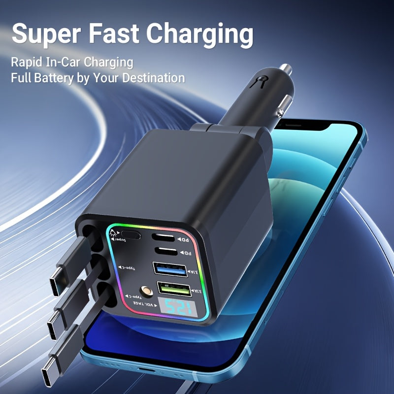 7-in-1 Car Charger with LED Color Light & 3 Retractable Cables – Fast Charging USB Hub, 180° Adjustable, Digital Display, Universal Fit for iPhone Android